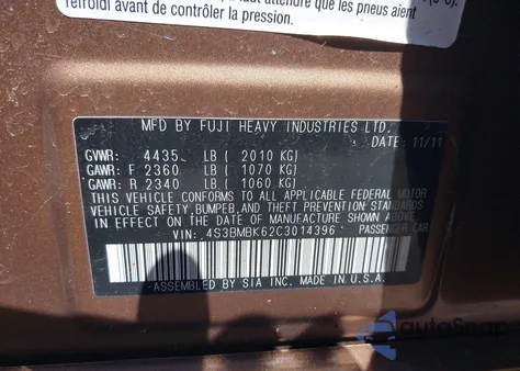 2012 Subaru Legacy 2.5I Limited from USA, damaged, VIN 4S3BMBK62C3014396